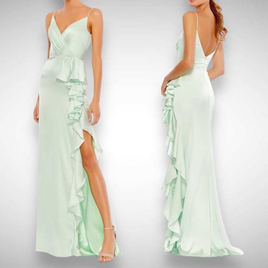 Mac Duggal Satin Ruffled V-Neck Asymmetrical Gown Dress Size 4 Pistachio Green
